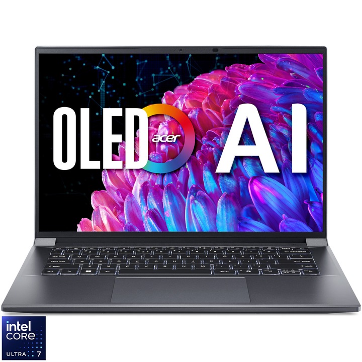 Laptop Acer Swift X 14 SFX14-72G-70TV cu procesor Intel® Core™ Ultra 7 155H pana la 4.8GHz, 14.5", 2.8K OLED, 120Hz, 16GB LPDDR5X, 1024GB SSD, NVIDIA® GeForce RTX™ 4050 6GB GDDR6, Windows 11 Home, Steel Gray