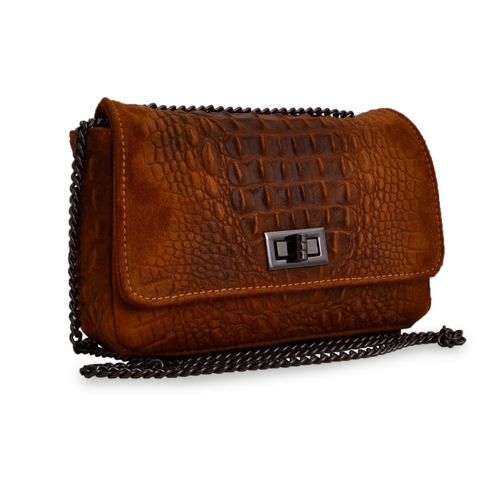 Geanta casual Zinnia, de dama, piele naturala, marime medie, culoare camel