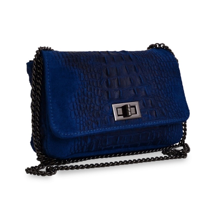 Geanta casual Zinnia, de dama, piele naturala, marime medie, culoare albastru jeans