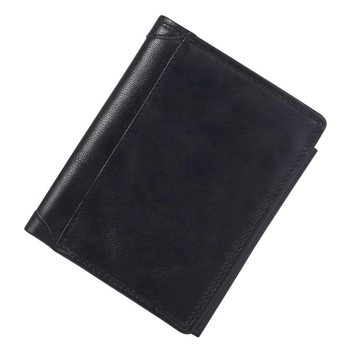 Мъжки портфейл от естествена кожа, IMODIX®, RFID защита за карти, джоб за лична карта, много просторен, семпъл и приятен дизайн, 523, черен