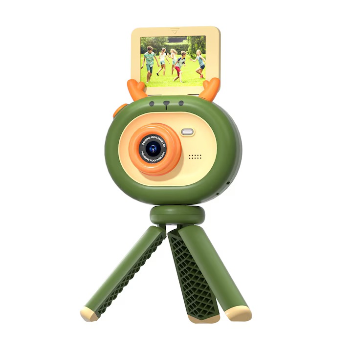 Camera foto pentru copii cu trepied, funie de agatat si cititor de card 32G, verde cu model caprioara