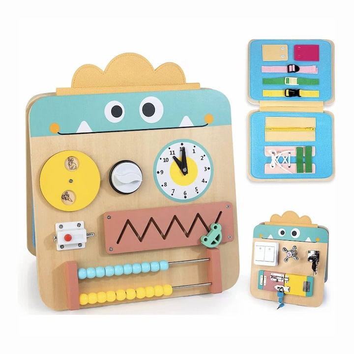 Placa senzoriala cu activitati Montessorii, Yupy®, Busy Board, Pliabila si reversibila, 17 in 1, Lemn, Non-toxic, Multicolor, + 3 ani