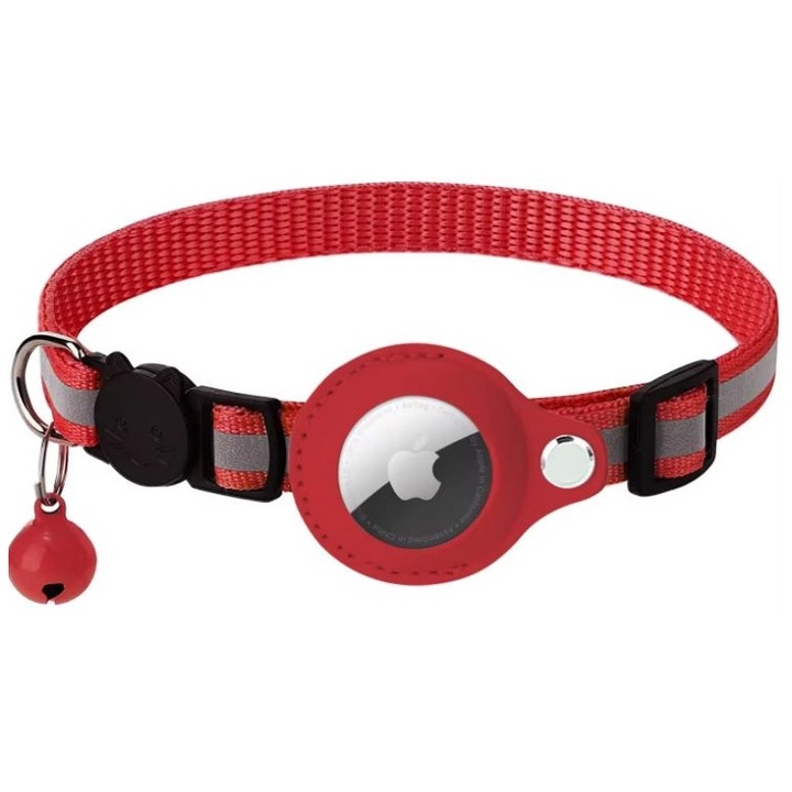 Zgarda animale pentru Airtag, Reflectorizanta, Clopotel, Textil, Rosu