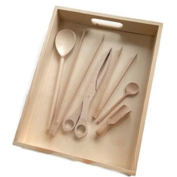 Set de Prasire Montessori, Akademia Drewna, 6 Piese + Tava, Lemn, 40x30cm