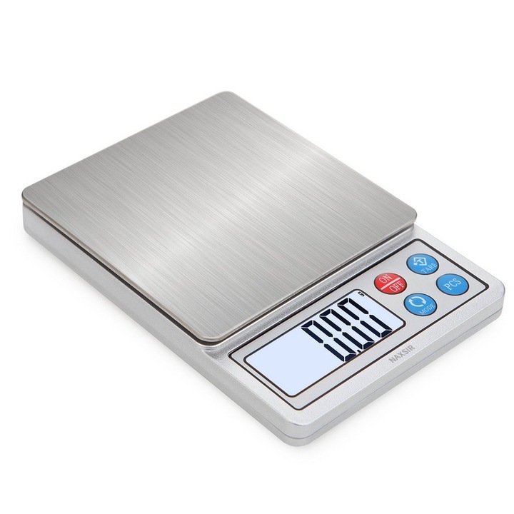 Cantar digital multifunctional pentru bucatarie, NAXSIR, Cu bol de plastic, 2kg/0.1g, conversia unitatii, Functie TARA, numara, stilul bateriei, alb