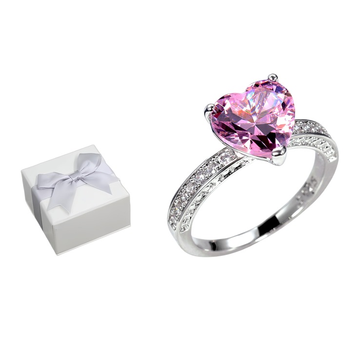 Inel dama, Cupru/Zirconiu, Argintiu/Roz, 56.5