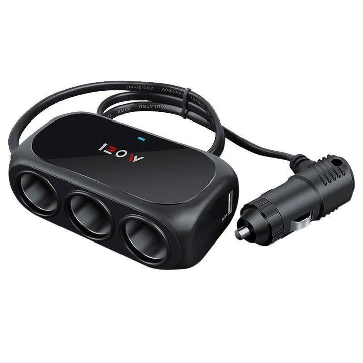 Autós töltő, szivargyújtó, 12V/24V univerzális, egy a háromhoz (fekete)