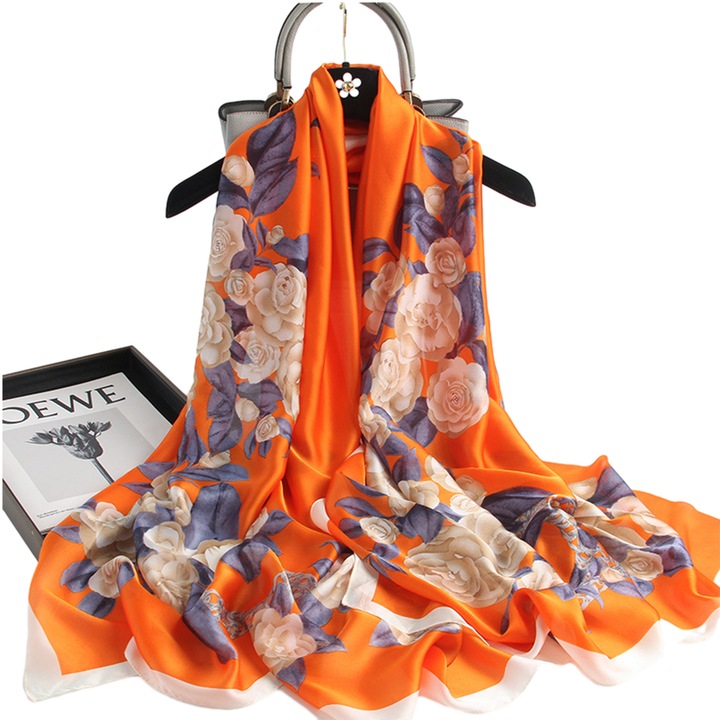 Дамски шал QttvbTna, копринен, оранжев, 90х180см