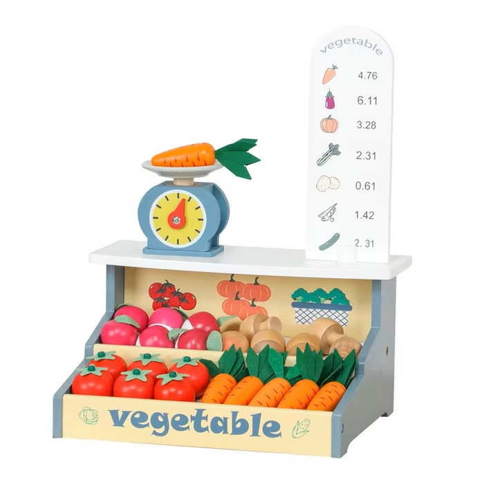 Set de joaca Stand din Lemn pentru Copii cu Legume, Cantar si Lista preturi, + 3 ani