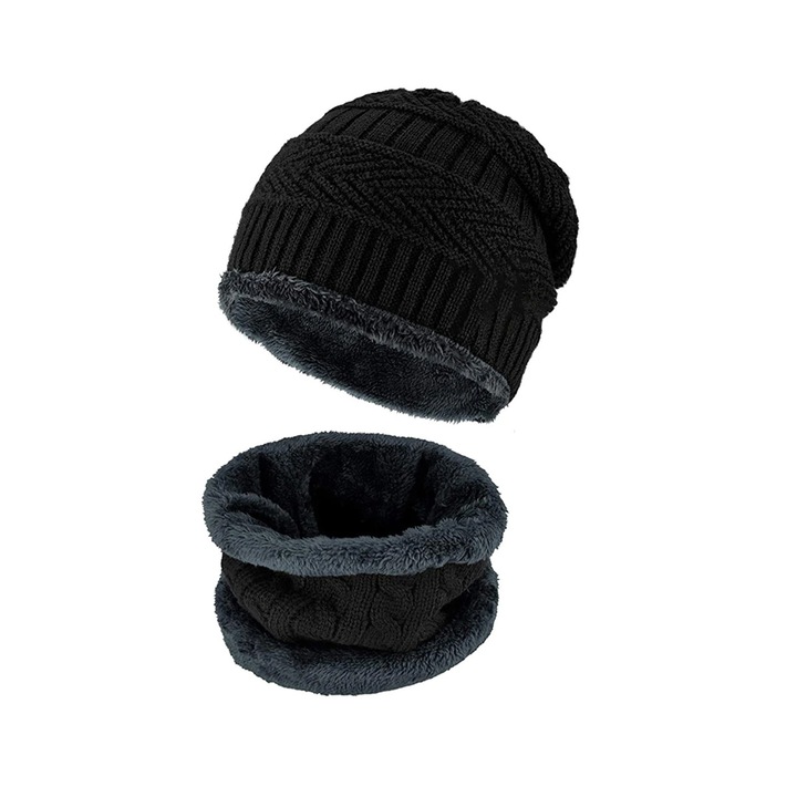 Set 2 piese caciula si fular pentru iarna, captuseala moale, unisex, negru, dimensiuni ajustabile