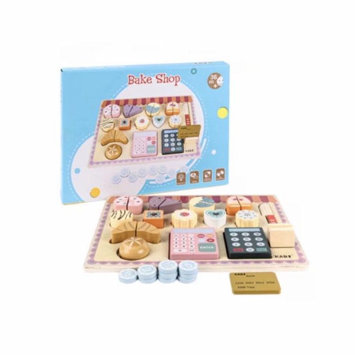 Joc de indemnare Montessori, Yupy®, Cu figurine tip produse de patiserie, Casa de marcat, Monezi, Lemn, Non-toxic, Multicolor, + 3ani