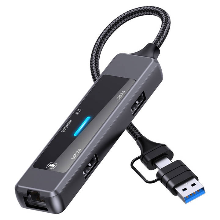 Statie de andocare pentru port de retea, hub 5-in-1, USB3.0, HDMI, Type-C, 5Gbps, instalare fara driver, compact si portabil, negru