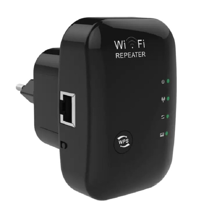 Wireless-N hálózati jelerősítő, WiFi Repeate átvitel 300 Mbps, 802.11n bg, 2,4 GHz WLAN, WPA2, WPA és WEP9 támogatás, WPS funkció RJ-45 LAN porttal és integrált antennákkal, fekete