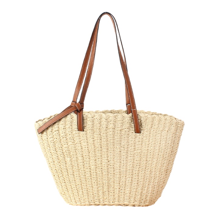 Geanta de umar din hartie impletita, bej, dimensiuni 41x24x12x26cm, capacitate mare, pentru plaja si calatorii