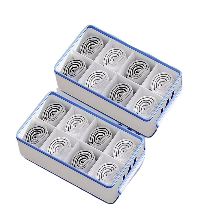 Комплект от 2 органайзера за съхранение с 8 решетки за бельо, чорапи, вратовръзки, колани, домакински вещи, бяло-синьо