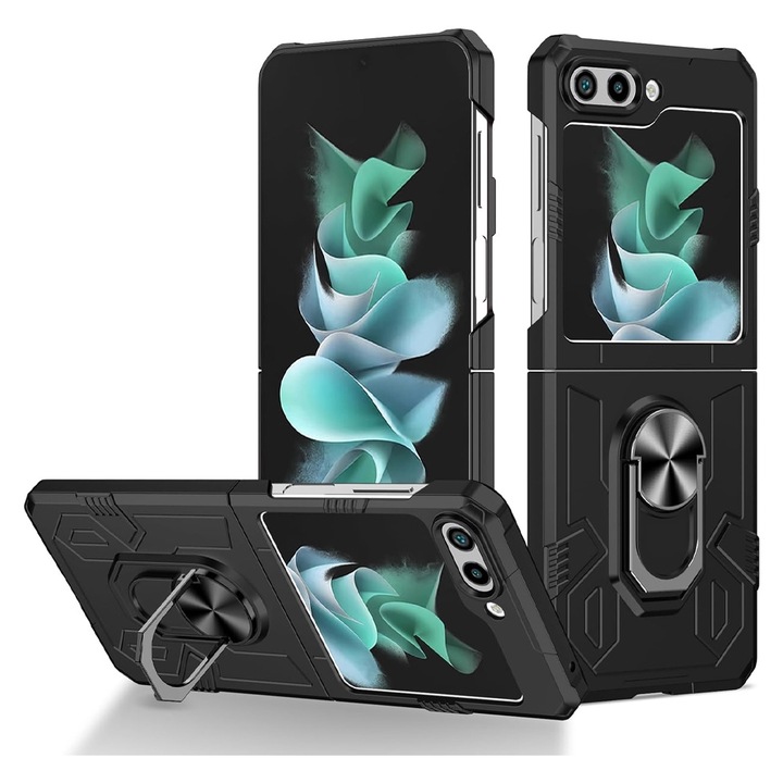 Калъф ShutterPro Back Armor Ring Case за Samsung Galaxy Z Flip6 / Flip 6, ОПТИМАЛНО РЕШЕНИЕ, иновация и защита, магнитна функция, първокласна защита на ядрото, поддръжка на 360° въртящ се пръстен, защита срещу пръстови отпечатъци, черен