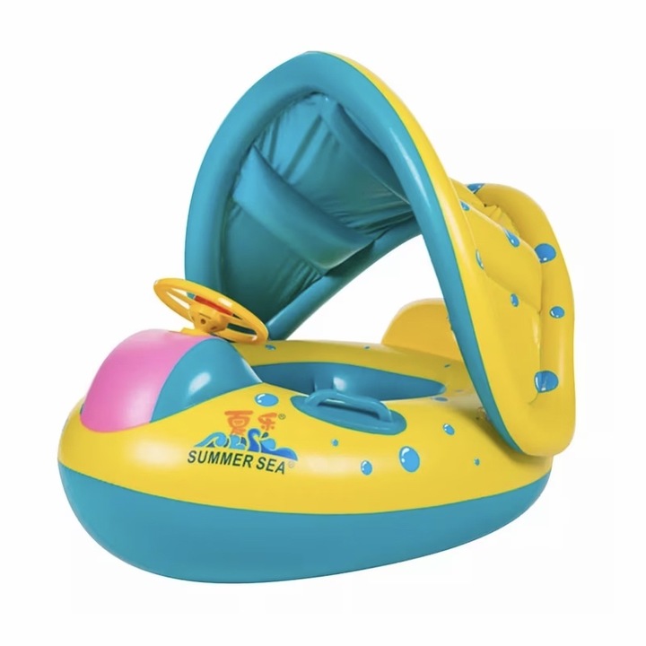 Colac gonflabil cu volan, acoperis si suport pentru copii, model Barcuta, Yupy®