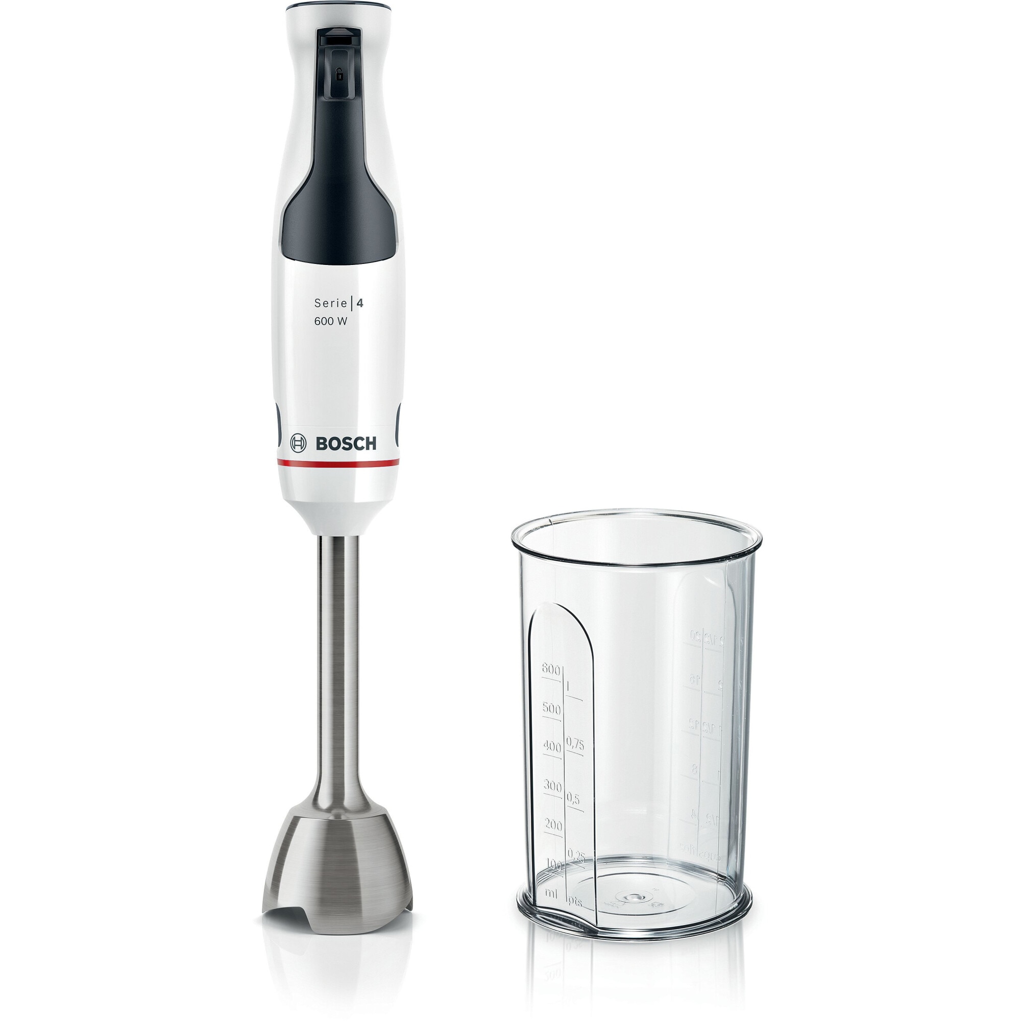 Mixer vertical Bosch ErgoMaster MSM4W210, 600 W, cutit 4 lame si functie antisplash, cuplaj ceramic, picior mixare inoxidabil, pahar de masurare, Alb/ negru grey