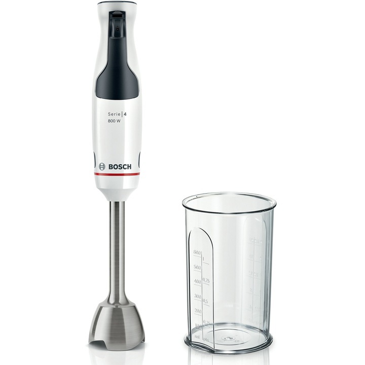 Пасатор Bosch ErgoMaster MSM4W410, 800W, Нож с 4 остриета и функция против пръски, Керамичен съединител, Крак от неръждаема стомана, Мерителна чаша, Бял/Антрацит