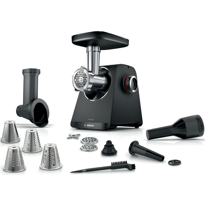 Месомелачка Bosch MFWS440B, 1900W, 2.5 кг/мин, Нож с 2 ръба, Включен аксесоар за колбаси/пълнени зеленчуци и кебе, Черен