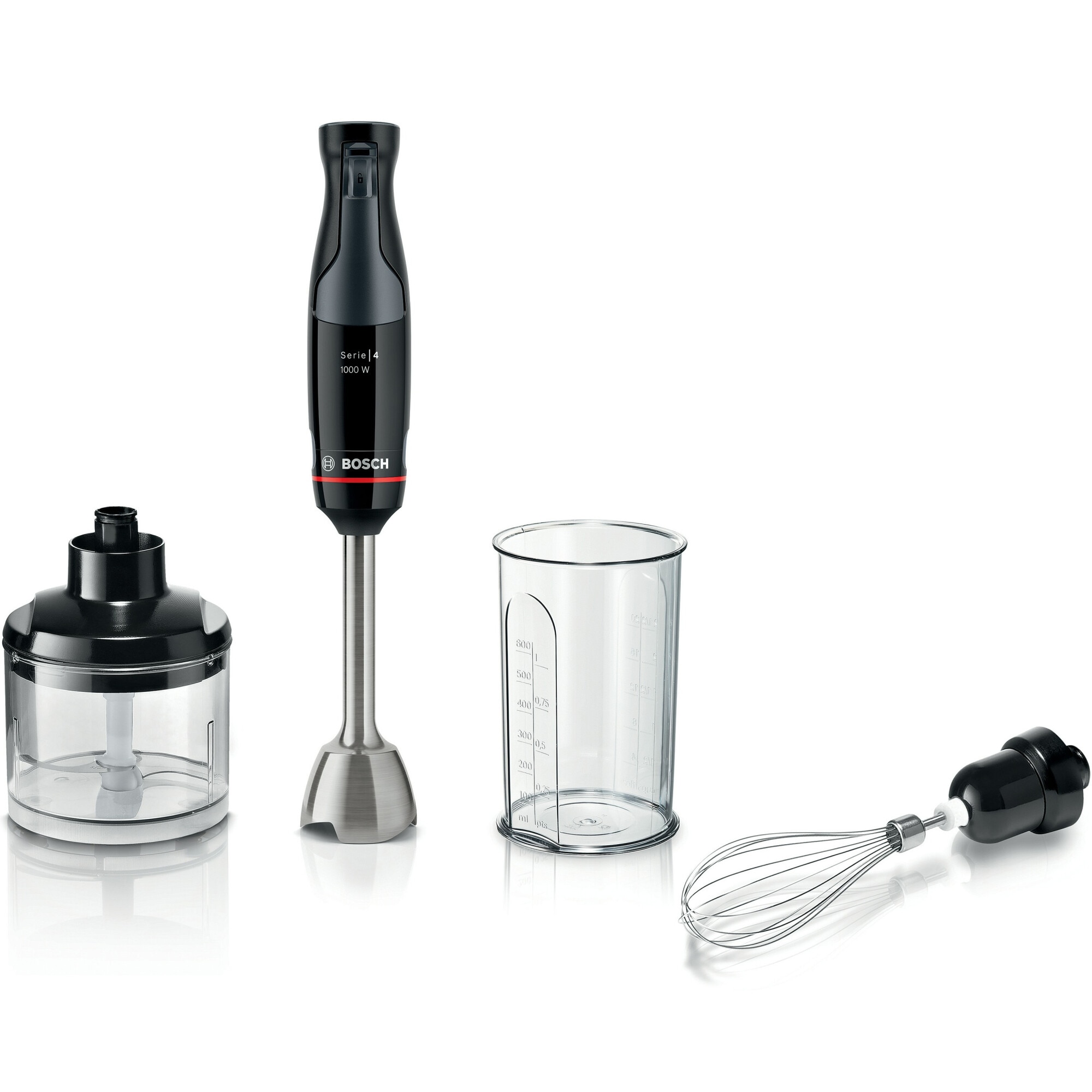 Mixer vertical Bosch ErgoMaster MSM4B621, 1000 W, cutit 4 lame si functie antisplash, picior mixare otel inoxidabil, tel din otel inoxidabil, pahar masurare, aparat de maruntit, ne