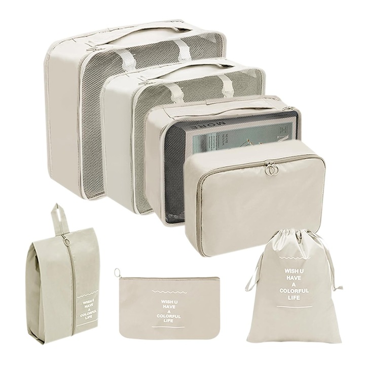 Set de genti organizatoare pentru calatorii, transparente, Fokelyi, 7 piese, bej, diverse dimensiuni