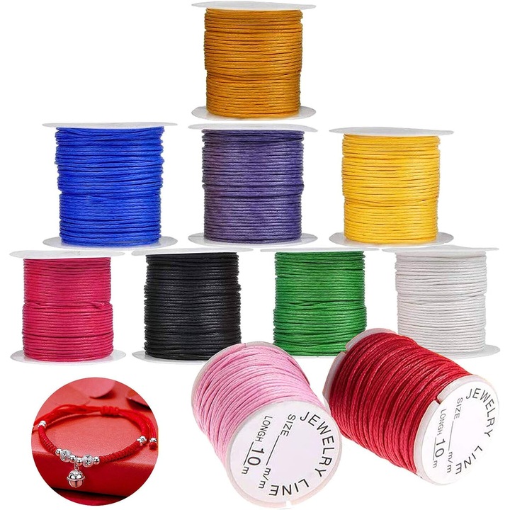 Set 10 role snur pentru bratari, nylon, 10 m x 0.8 mm, multicolor