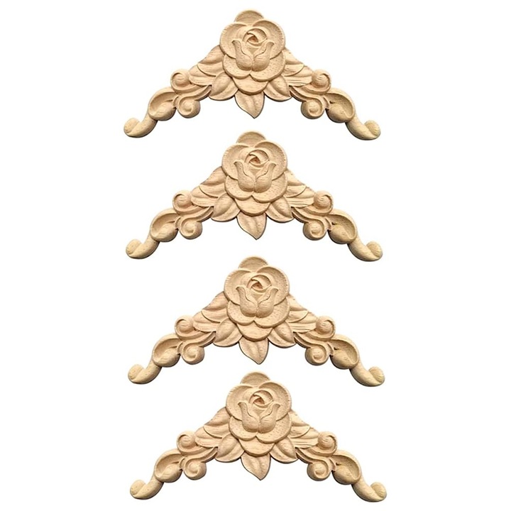 Декоративни апликации от дърво, Enforose, комплект от 4 броя, флорални мотиви, масивно дърво, недовършени