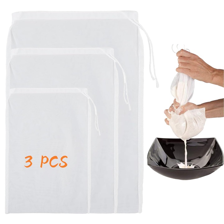 Set de 3 pungi din nylon cu plasa fina, reutilizabile, pentru filtrare in bucatarie, AMRINUGL