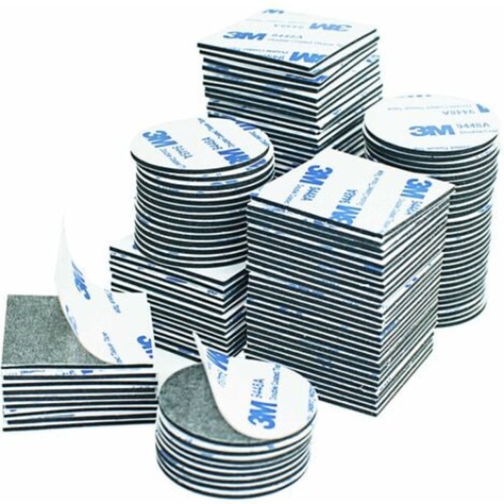 Set de 100 de benzi adezive duble, EVA, 50 patrate 4x4cm, 50 rotunde 4cm, rezistente, negru