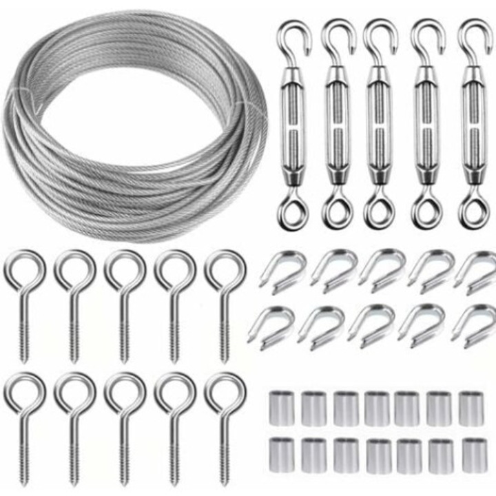 Kit de sfoara metalica cu carlige, Inox, 30m/2mm, M5, Rezistent la intemperii, Argintiu