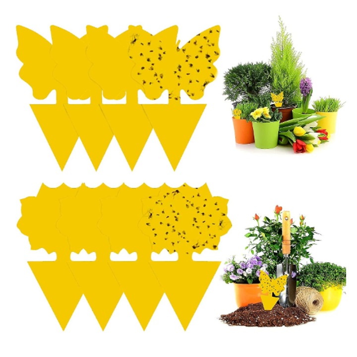 Capcane lipicioase non-toxice pentru prinderea insectelor, material PP rezistent la apa, rezistent la UV, control al ciupercilor cu banda galben stralucitor, 48 de bucati pentru bucatarie interioara, in aer liber si gradina