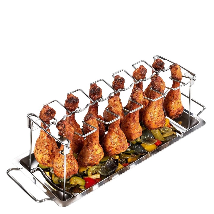 Suport cu tava pentru pui din otel inoxidabil, Argintiu
