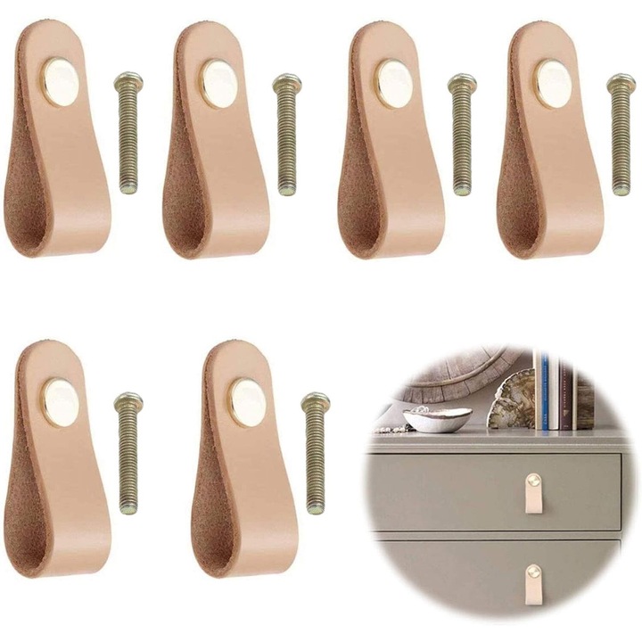 Set 6 manere din piele pentru dulapuri, decorative, maro