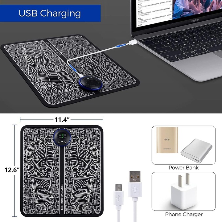 Carmdering EMAG-FG-ZLM-21280 lábmasszírozó készülék, EMS, 6 mód, 9 intenzitási szint, összecsukható, USB töltés, fekete/fehér, 31 x 31 cm