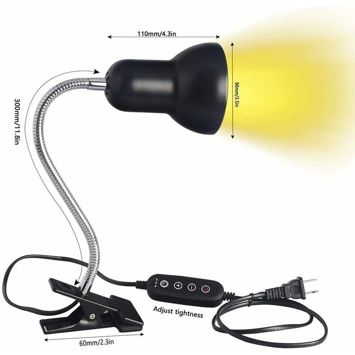 Lampa UVB pentru reptile, suport E26/E27, rotire 360°, energie clasa A+, negru/argintiu