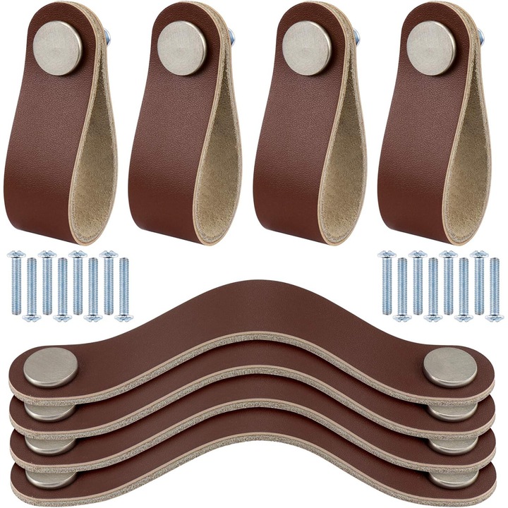 Set 8 manere pentru sertare, piele naturala, cu 16 suruburi, 16.5 x 2.4 cm, maro
