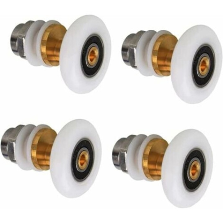 Set 4 roti pentru usi de dus, Nylon, Compatibil cu usi de sticla de 4-6mm, 25mm, Alb/Auriu