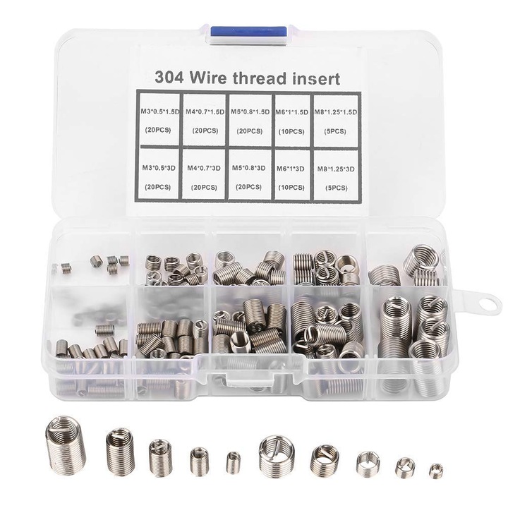 Set 150 inserturi filetate M3-M8, Mmgoqqt, Inox, Argintiu