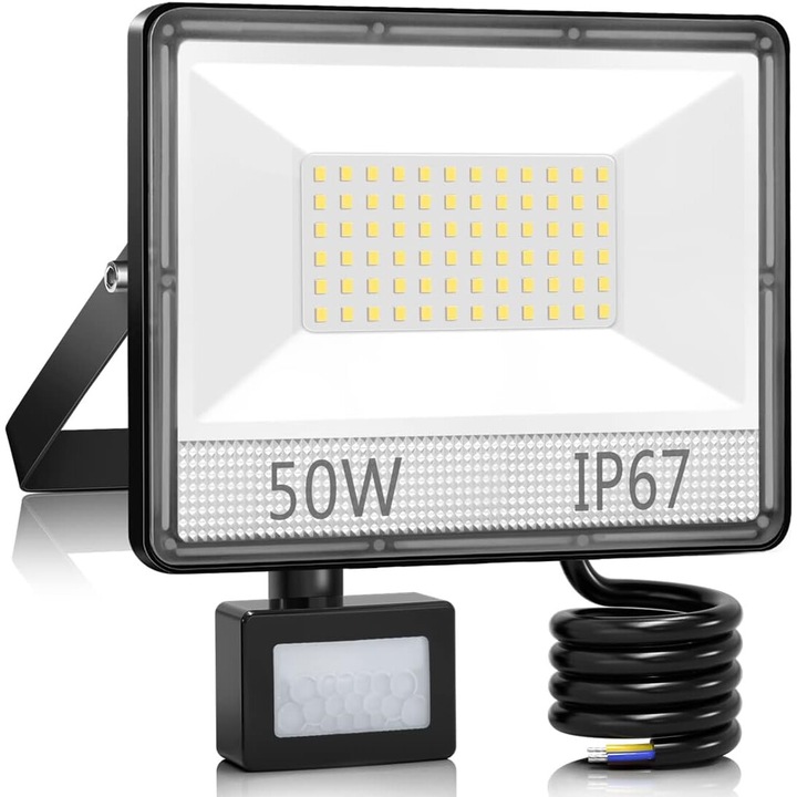 Proiector exterior cu detector de miscare, 50W, 5000lm, lumina rece 7000K, IP67, rezistent la apa, pentru terasa gradina atelier