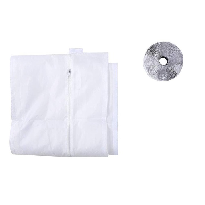 Set etansare fereastra pentru aer conditionat portabil Tovbmup, poliester impermeabil, cu fermoar si banda adeziva, 400x850cm, alb