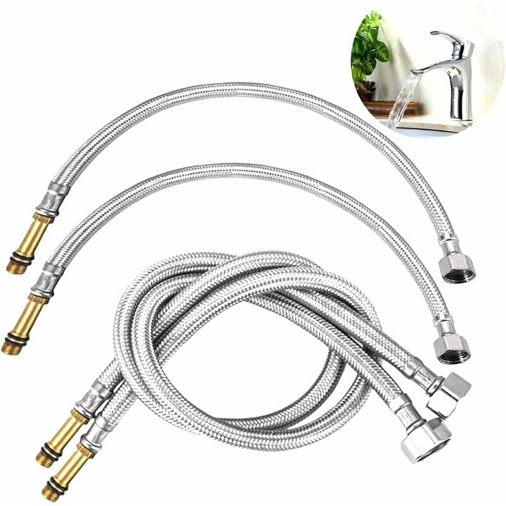 Rugalmas vízcsatlakozó, Enforose, megerősített szerkezet, krómozott végek, 3/8 hüvelyk belső menet x M10 külső menet, nem mérgező rozsdamentes acél tömlő konyhai csaptelephez