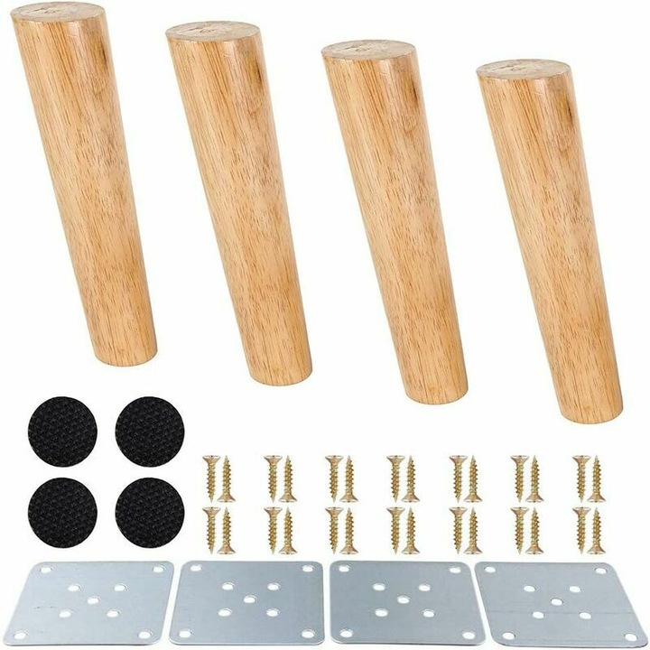Set 4 picioare din lemn de stejar, 20cm, culoare lemn, accesorii de montaj incluse