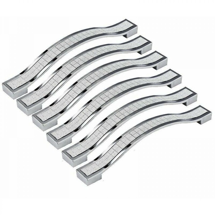 6 db-os fogantyú készlet bútorokhoz, AMRINUGL, Kristály modell, Cink, 96mm, 110x20mm, Ezüst