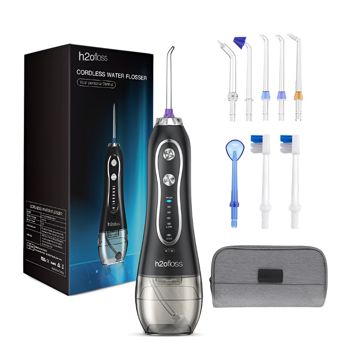 Prémium orális zuhany, 100%-ban vízálló, különböző fejekkel, eltávolítja a fogkövet, 8 fúvóka, 5 nyomásszint, 2500 mAh-s akkumulátor, gravitációs golyó, 1200 impulzus/perc, túlmelegedés elleni védelem, 300 ml-es tartály, fekete, Neo™