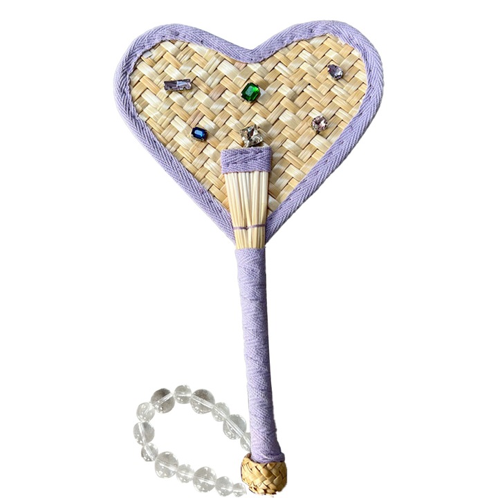 Evantai handmade, forma inima, paie, multicolor, 26x15cm