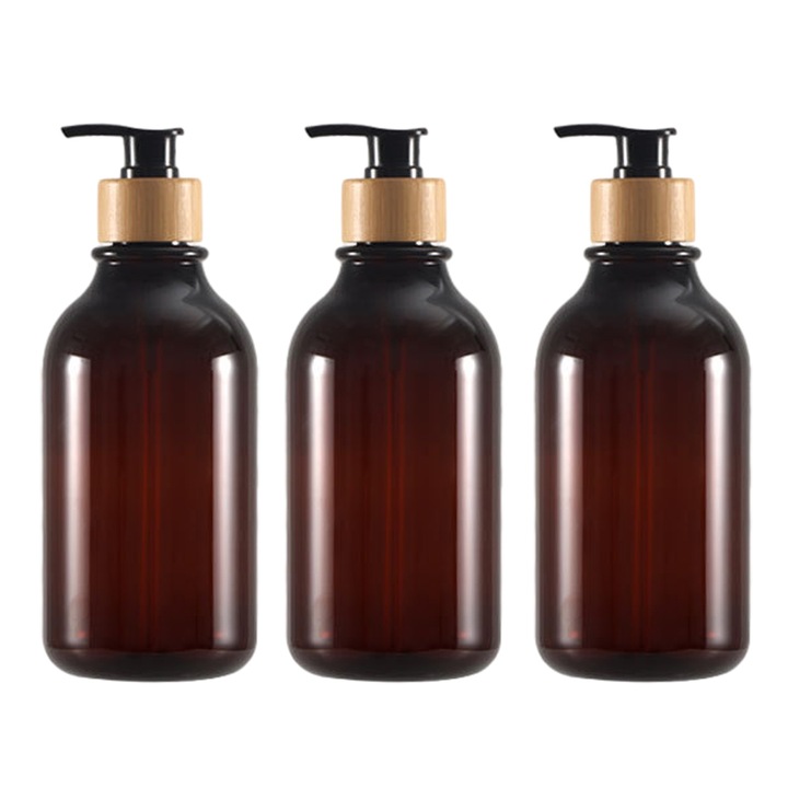 Műanyag fürdőszobai palackok, szappanadagoló, tusfürdő, testápoló, sampon, balzsam készlet, 3 darab