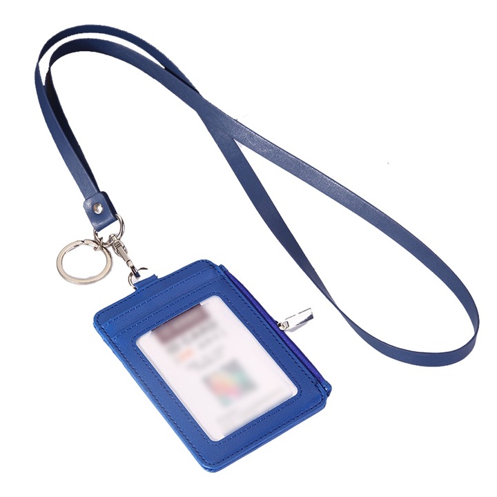 Set Suport pentru carduri cu lanyard, 11.4x7.4cm, piele ecologica, albastru, 11 buc
