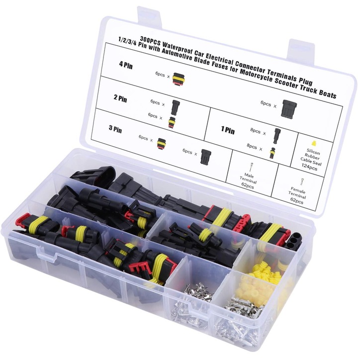 Conectori electrici impermeabili, Enforose, 300 bucati, 1-4 pini, asortiment terminale masculine si feminine