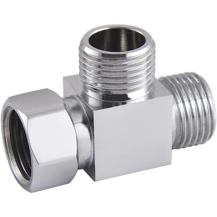 1/2"-os idom, T-csatlakozó, sárgaréz, krómozott, külső és belső menettel, levehető anyával